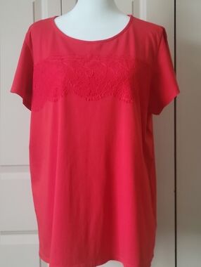 Lands' End Coral Red Lace-Front Short Sleeve Tee